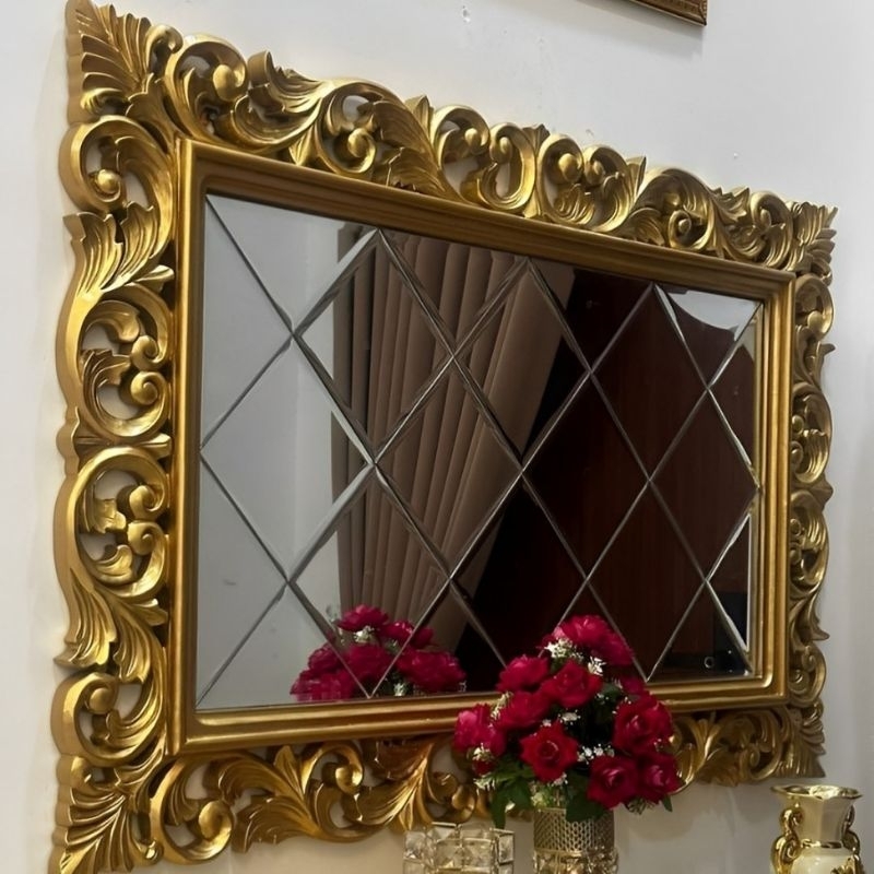 PIGURA KACA CERMIN BEVEL HIAS MEWAH FRAME UKIRAN KLASIK JEPARA UKURAN 120 CM X 80 CM KAYU JATI ASLI 
