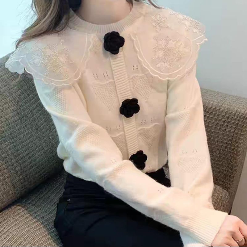 K2472 BAJU ATASAN BLOUSE DELLANEY LACE COLLAR KNITTED TOP Lengan panjang pink cream Korea Korean sty