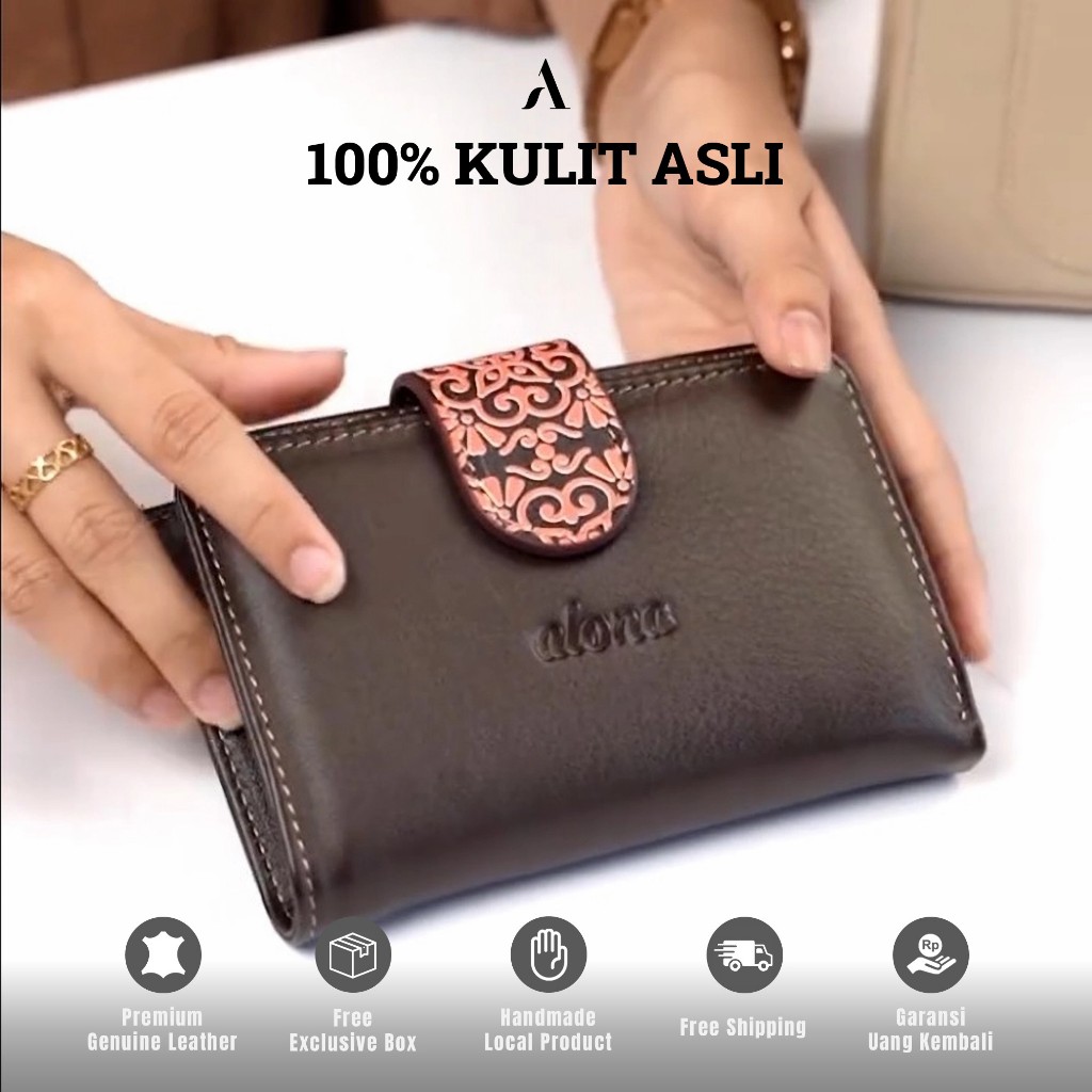 Alona Sekar Dompet Kulit Wanita Batik Wallet Lipat Mini Kulit Sapi Asli Kancing Ringan Premium Awet