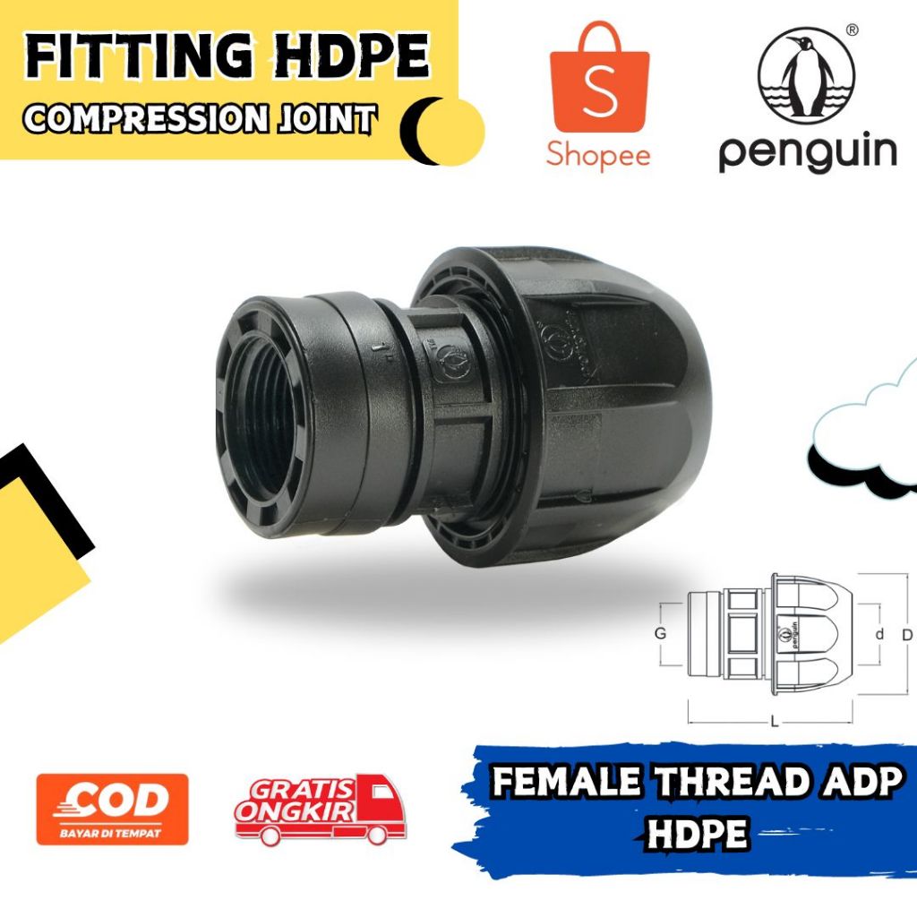 Fitting Pipa HDPE female thread joint , Sock drat dalam 1-1/2" inci 50