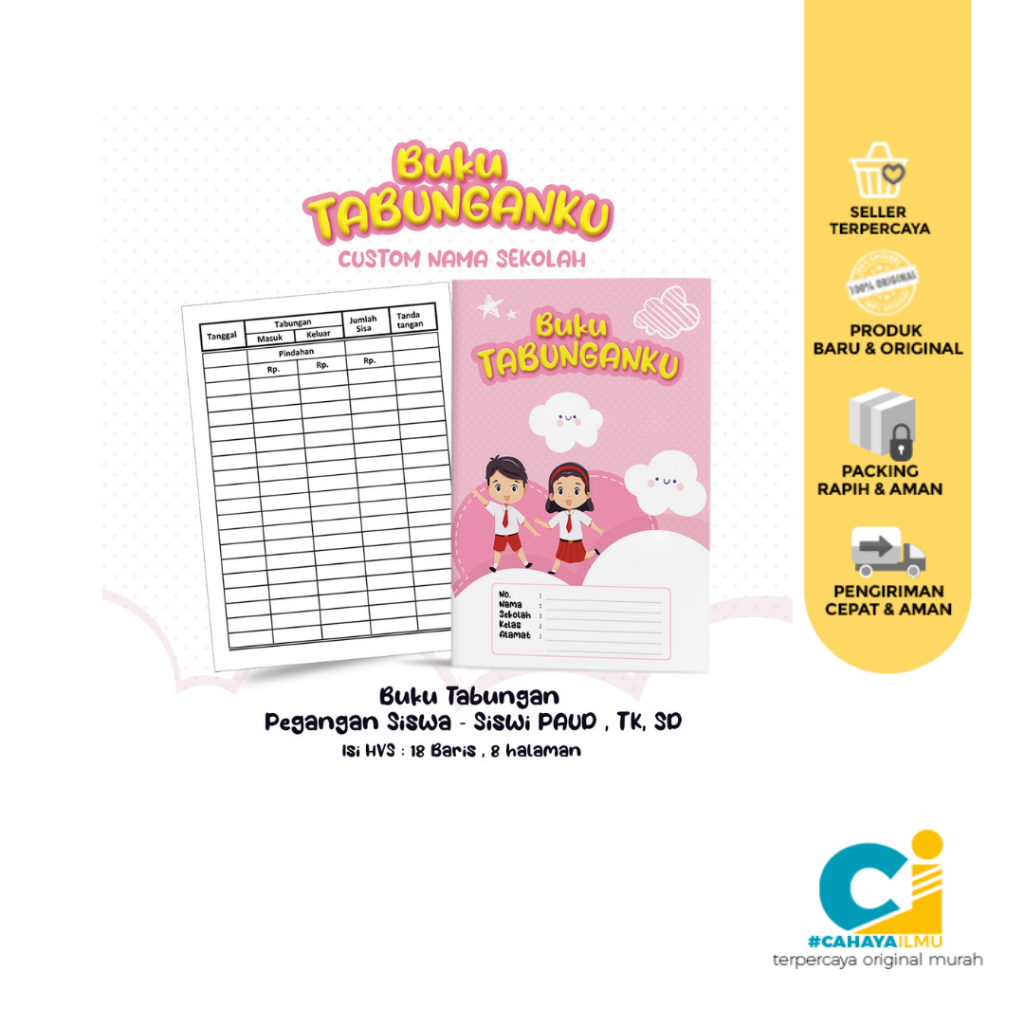 

Buku Tabungan Custom Nama + Cover & Lembaga Sekolah Berserta Alamat Tabungan Sekolah PAUD , TK , SD Varian Merah Jambu