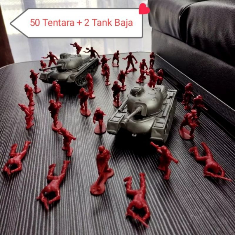 mainan figure tentara plastik 50 pcs + 2 tank baja M-38 army men military / mainan perang perangan