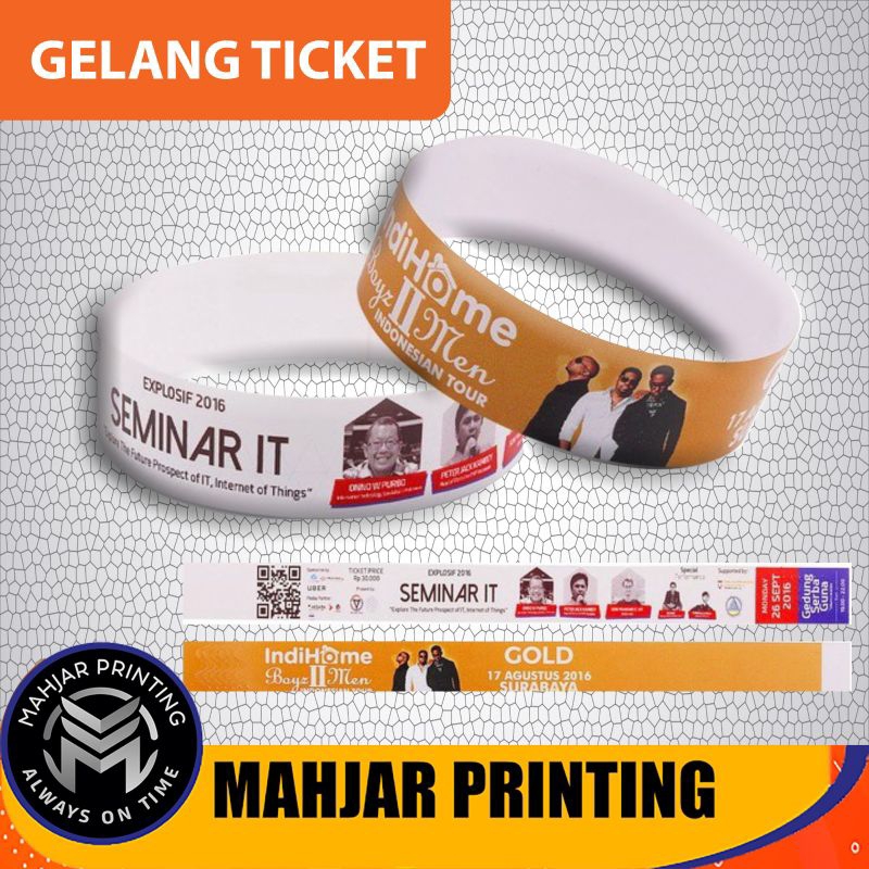 

Cetak Gelang Ticket, Gelang Event Bahan Art Carton 260 Gram. Plus Laminasi Doff | Glosy + Perekat