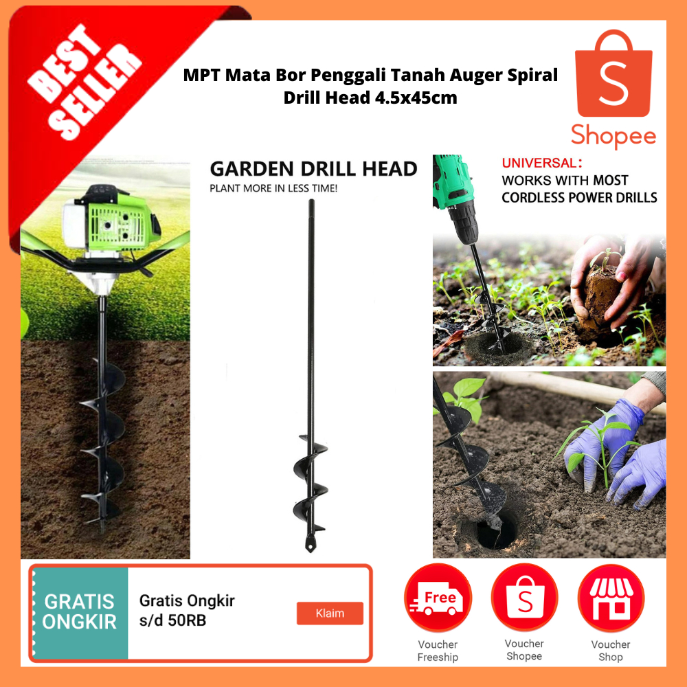 Mata Bor Penggali Tanah Auger Spiral Drill Head 4.5x45cm / Mata Bor Tanah Penggali Lubang Tanaman
