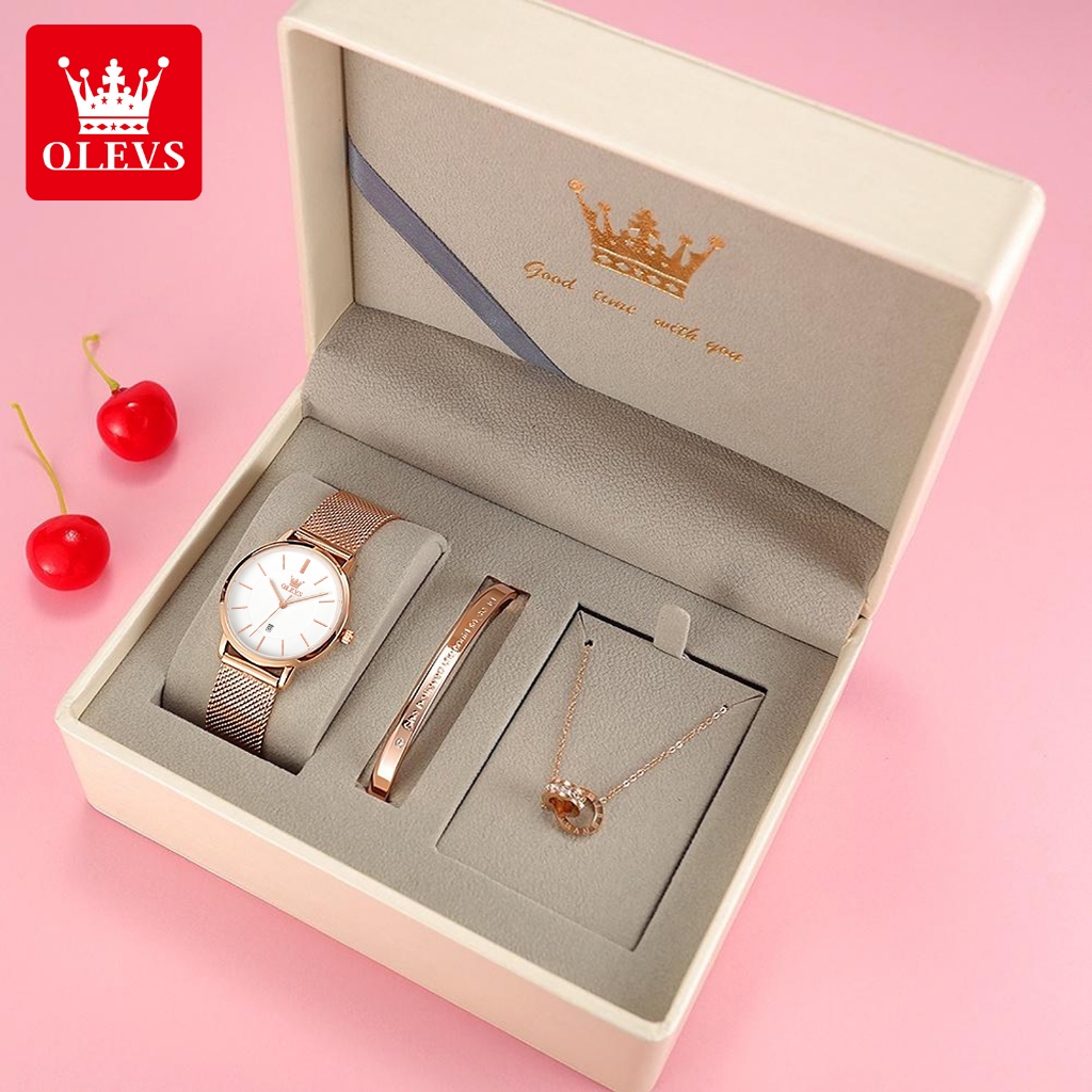 TERMURAH OLEVS Jam Tangan Wanita Anti Air Original Anti Karat Mewah Set Kalung Gelang Kalender