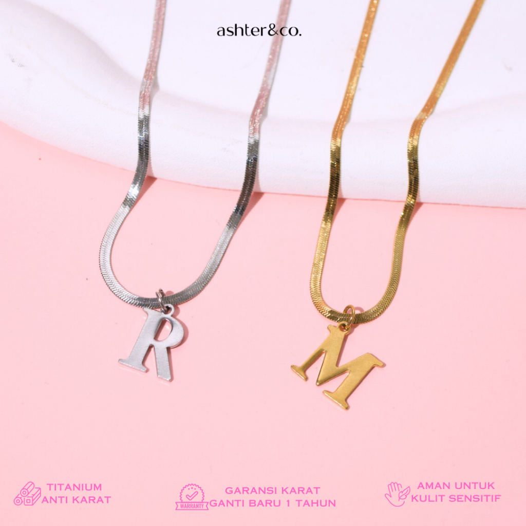 (Silver) Ashter&Co - Basic Initial Necklace - 14k Gold Plated - Kalung Inisial Titanium Anti Karat