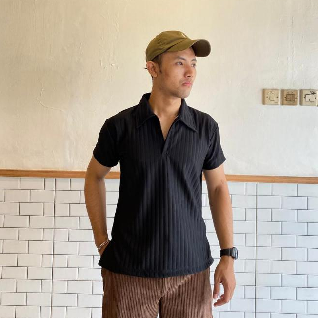 kaos polo pria Korean Knit Baju  Polo Shirt Pria  Salur Besar Dengan Cutting Slim Fit Kerah Pendek