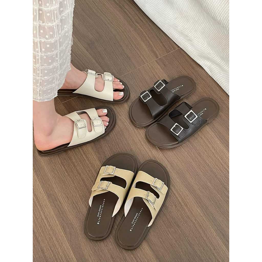 4199 Sandal Tali Kulit Wanita Terbaru Slip On Sandal Flat Shoes Kekinian