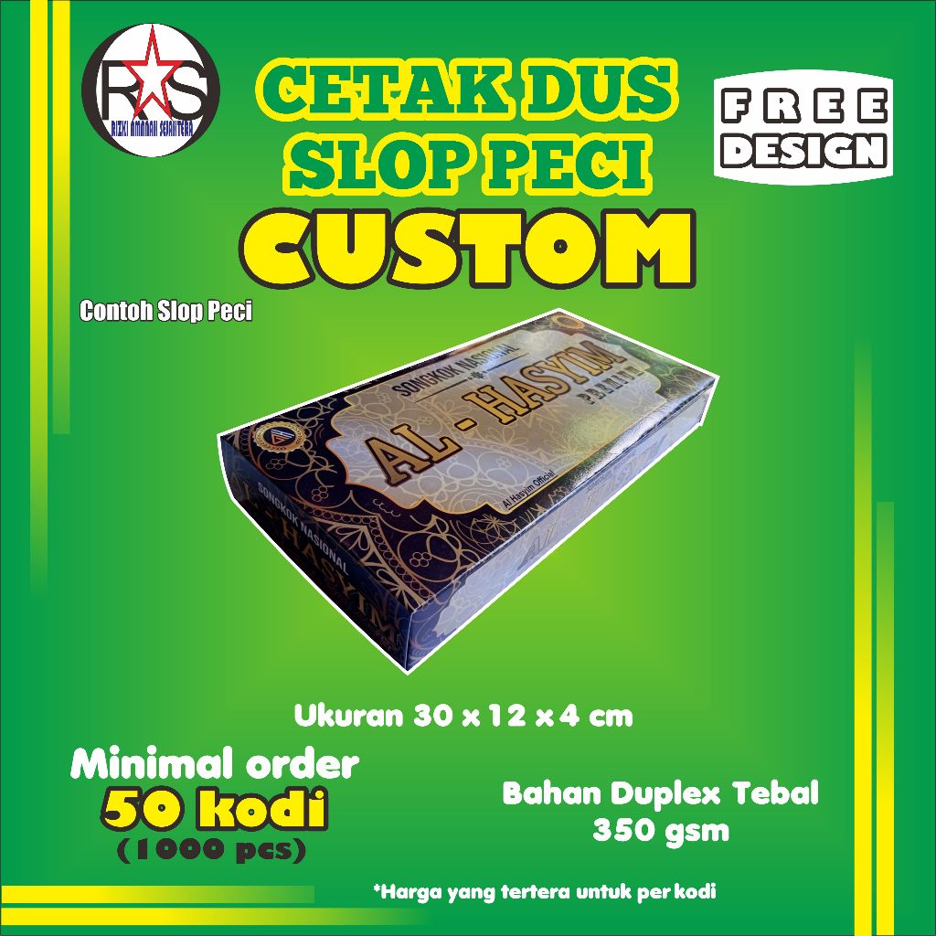 

Dus/Slop-Peci(Harga utk 20 pcs/kodi)desain sesuai keinginanmu-Free-Design/sesuai pesanan(bahan-Duplek-350gsm)