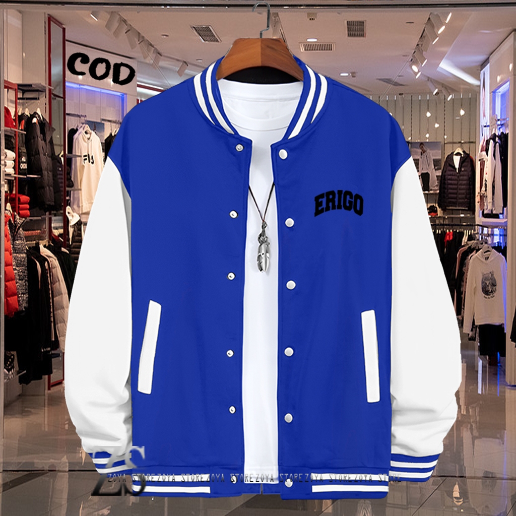 Cod Sweater Jaket Varsity Baseball Kancing Erigo Lengkung Text Hitam Quality Premium / Baseball Dist