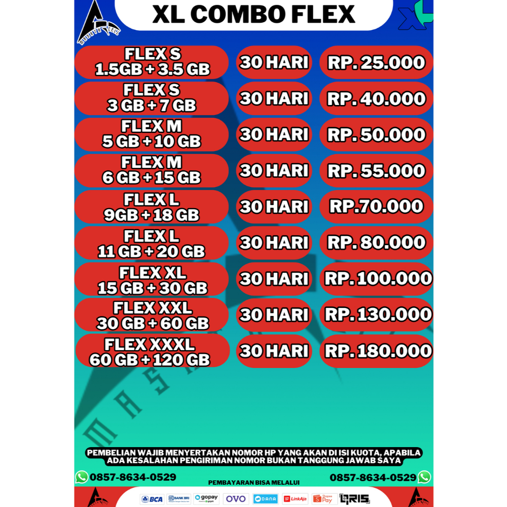 KUOTA INJECT XL COMBO FLEX M 6GB + 15GB 30 HARI