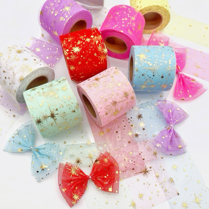 

ROLL (25yards) ribbon pita 6cm tile tulle dengan bintang emas gold mesh sparkling star lace pita kain DIY craft wrapping blink silver