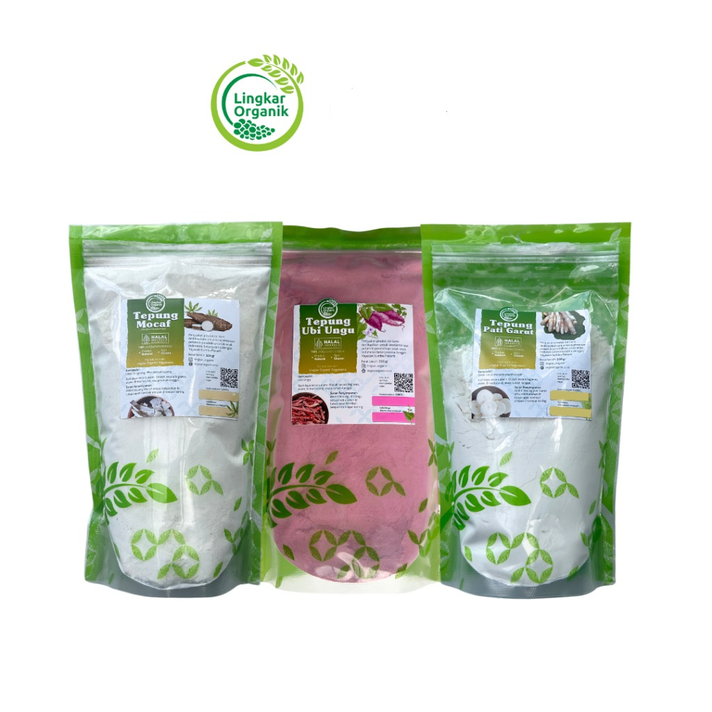 

Lingkar Organik Tepung Pati Garut Tepung Mocaf, Tepung Ubi Ungu, Tepung Pati Ganyong