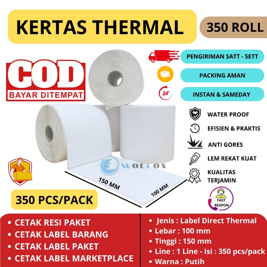 

KERTAS THERMAL 100X150 350PCS LABEL RESI STICKER BARCODE UKURAN A6
