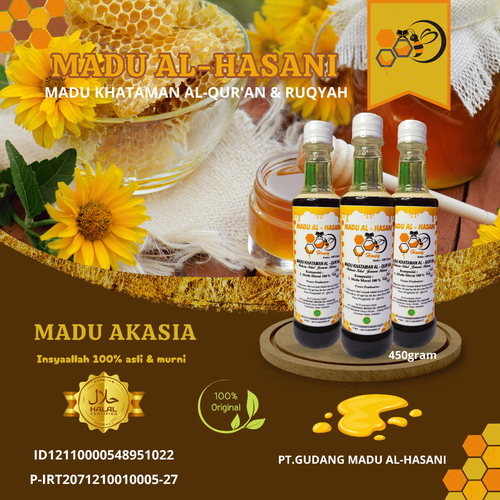 

Madu Khataman Al-Qur'an & Ruqyah, Madu Al-Hasani Asli & Murni Akasia 450 Gram - Honey - Syrup