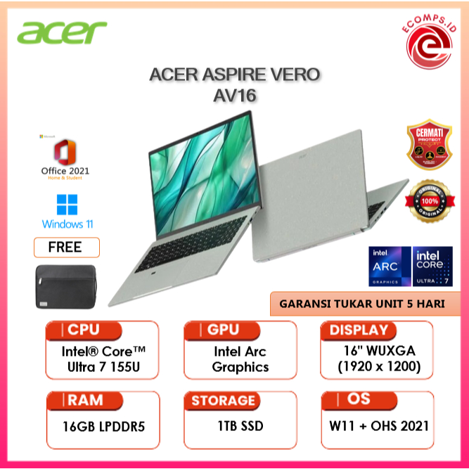 ACER Aspire Vero 16 AV16-51P-735D Ultra 7-155U 16GB 1TB 16" WUXGA sRGB 100% W11 OHS - Grey