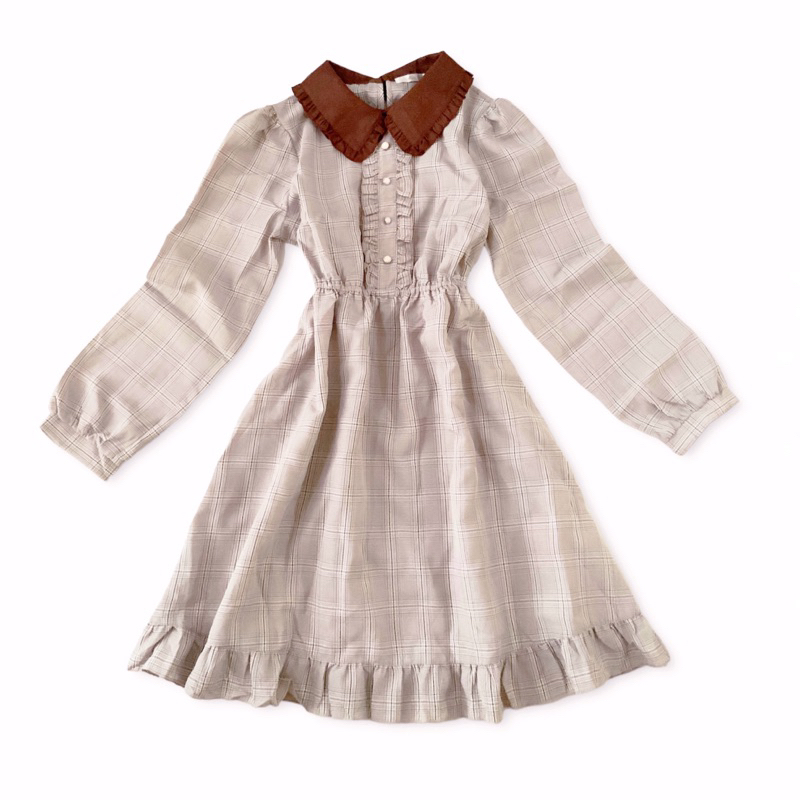 Rine Choco Round Flat Collar Dress With Ruffle Accent In Glen Check Pattern Gaun Lengan Panjang Kera