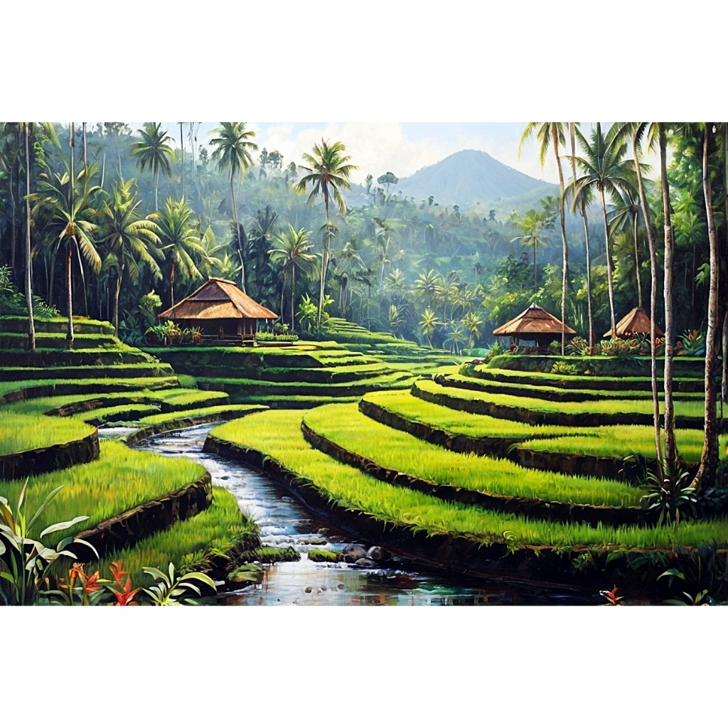 Lukisan Pemandangan Sawah Terasering Hijau dan Sungai di Ubud Bali