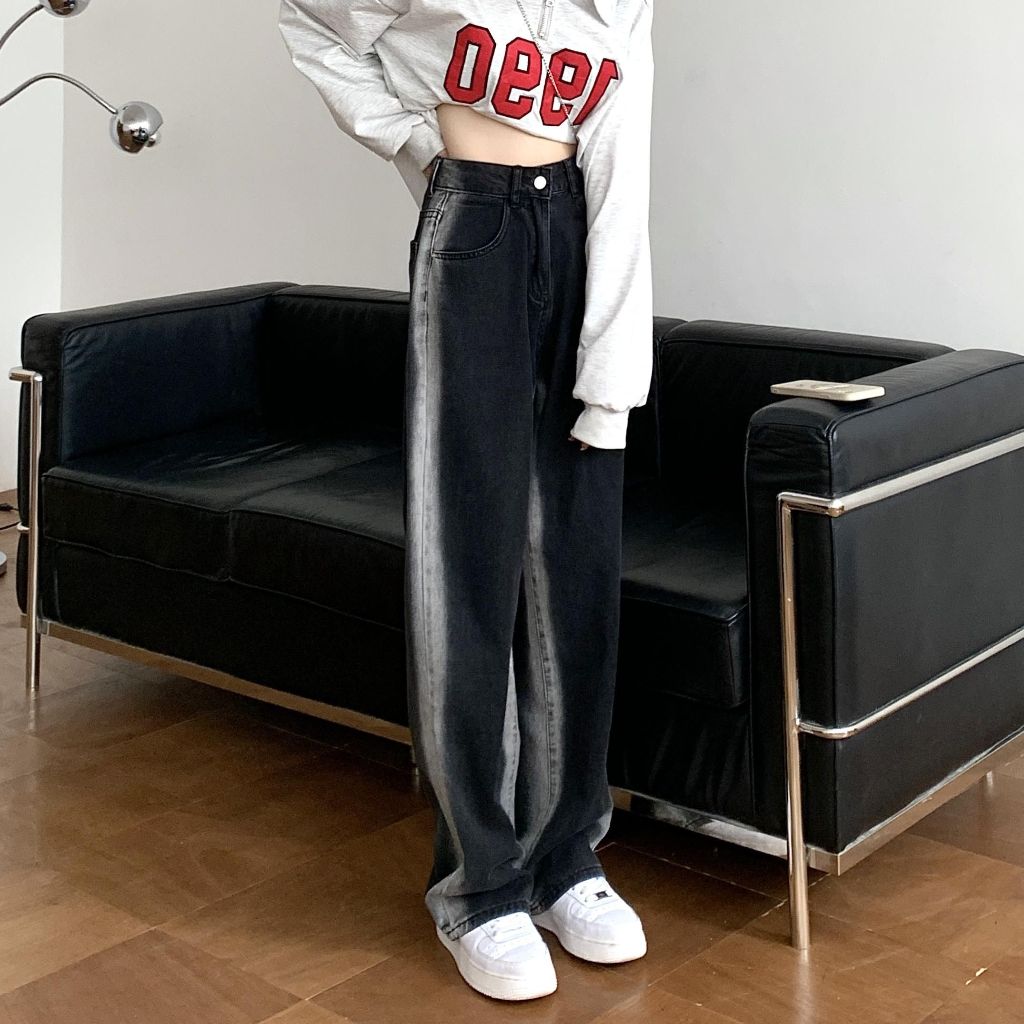 Ay00 Jeans Celana Panjang Wanita Hitam Highwast Longgar Retro Vintage