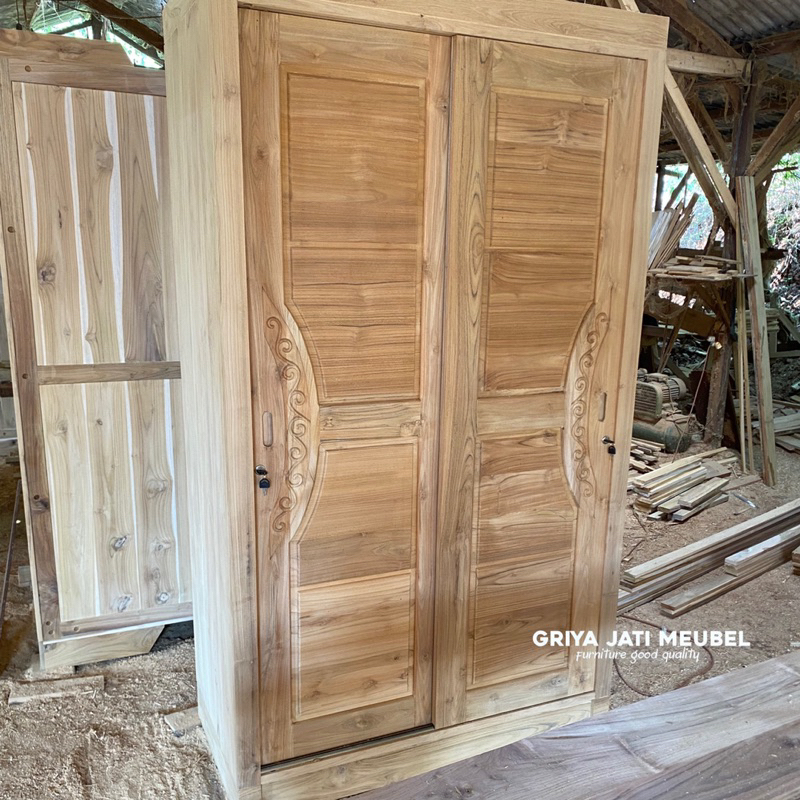 lemari minimalis kayu jati 2 pintu sleding