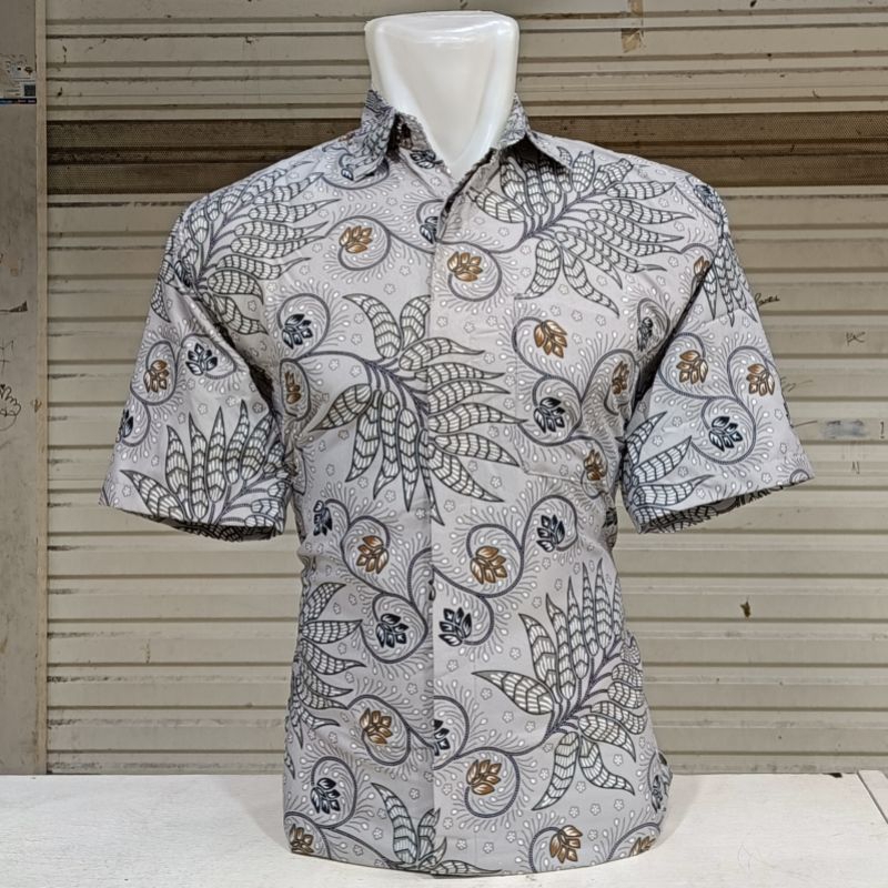 Fatih Batik Medan - Batik Pria Lengan Pendek Abu-Abu HM5517 Seragam Batik Cowok Pesta Pernikahan Dan
