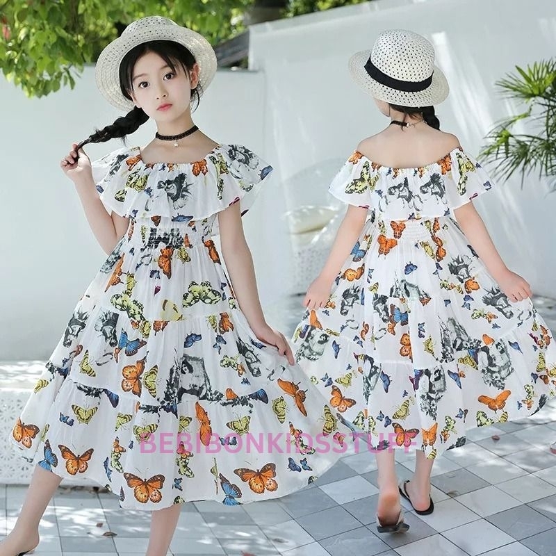KUPU DRESS/DRESS ANAK PEREMPUAN IMPORT/DRESS ANAK MOTIF KUPU KUPU COLOR/DRESS PANTAI KERAH MODEL SAB