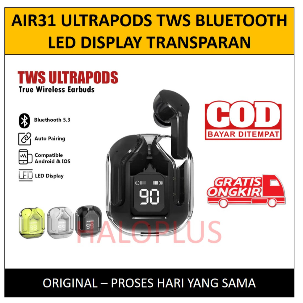 Air31 TWS Headset Bluetooth TWS Air31 Ultrapods A31 Wireless LED Display Transparan Hifi Stereo Micr