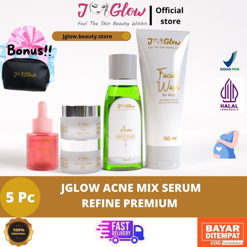 Jglow Skincare Paket Acne Premium Mix Serum Refine Untuk Kulit Berjerawat