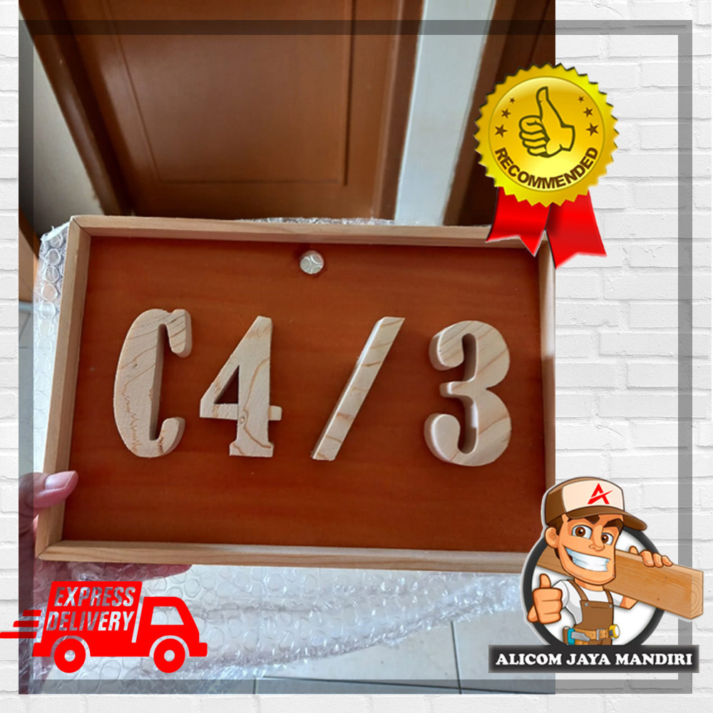 hiasan nomor rumah kayu custom model persegi dari kayu jati belanda