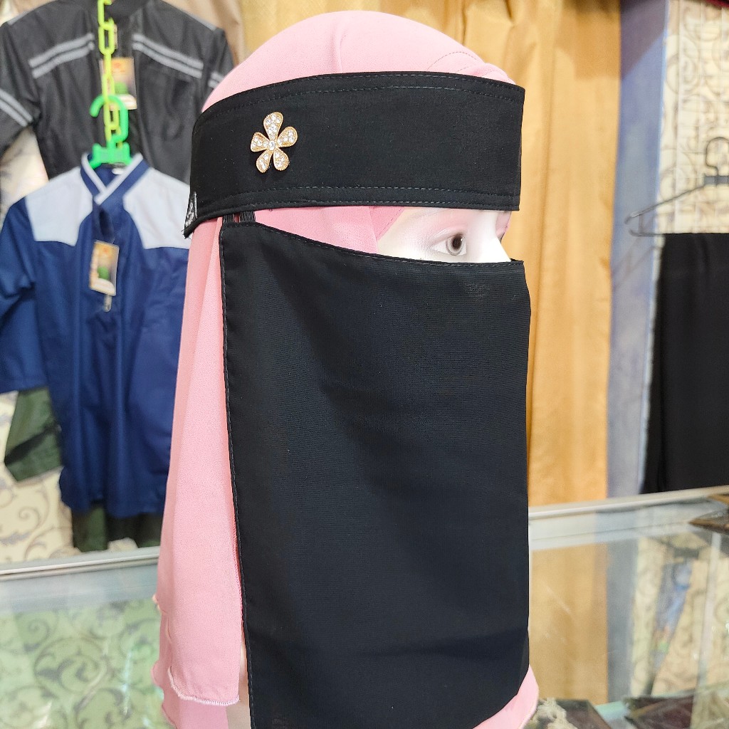 Cadar Bandana Pendek 25cm Plat Bunga Diamond | Niqab Bandana Bunga Diamond