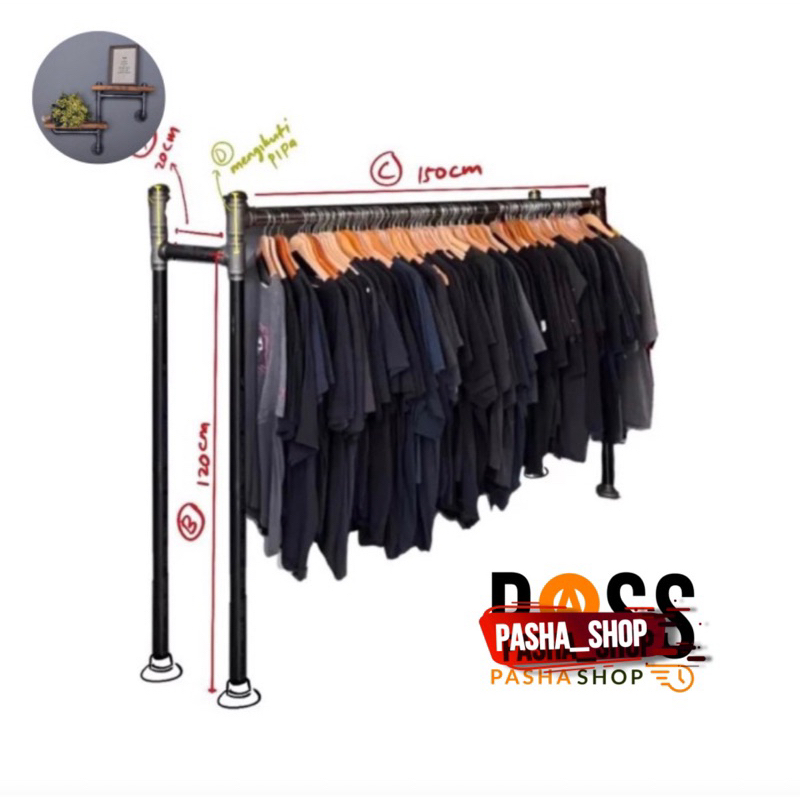 Rak baju - Gantungan baju - Tempat pakaian - Rak besi industrial - Rak display