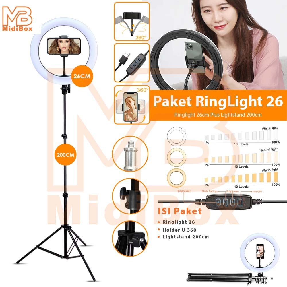 Paket Komplit Ringlight 26cm + Tripod 2 Meter Make Up Vlog Lampu Ringlight 26