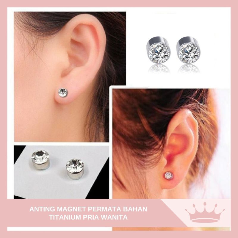 Anting Magnet Batu Berlian Permata Bahan Titanium Pria Dan Wanita / Tindik Telinga Titanium Anti Kar