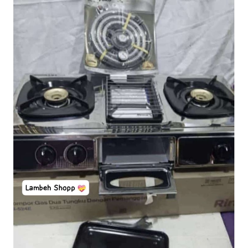 Kompor Gas merk RINNAI seri RI-524 E.  2 tungku dan 1 tungku panggang  bahan  stainless steel Set ko