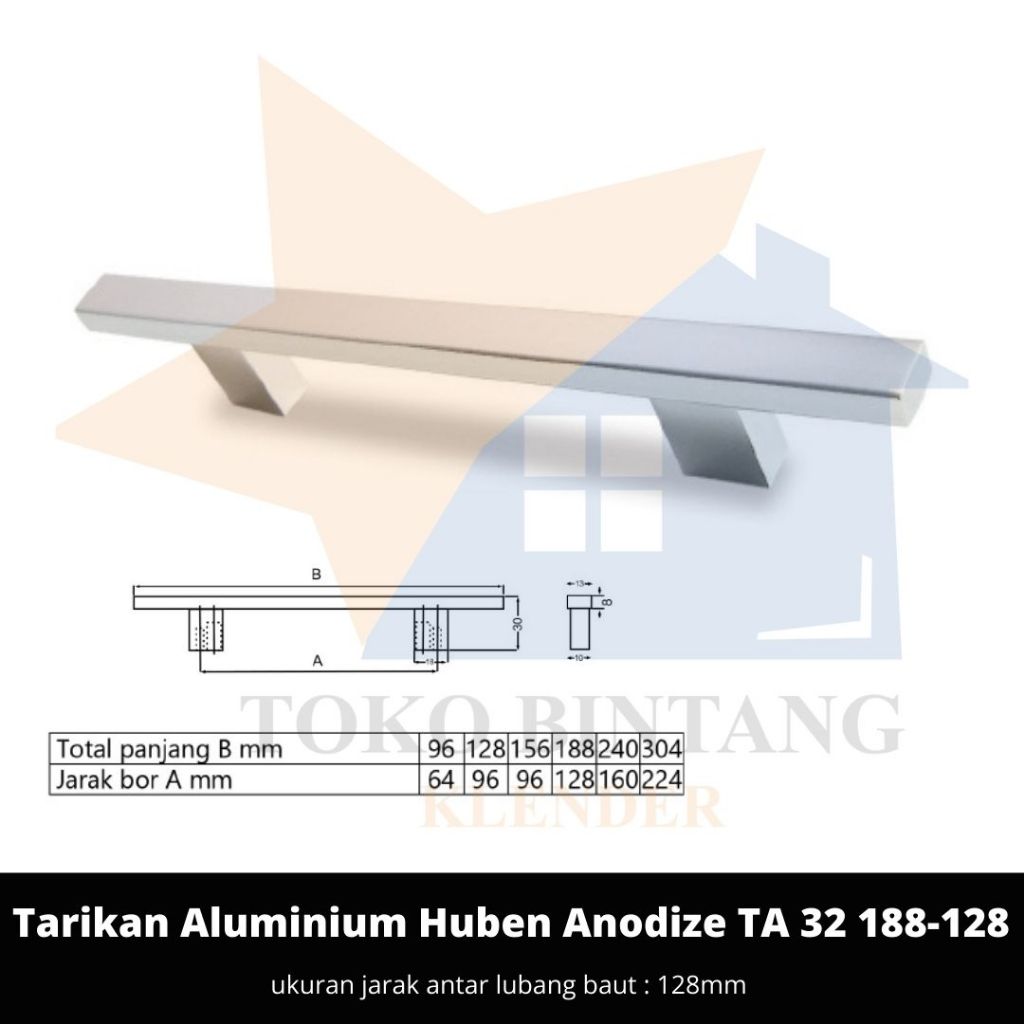 Huben Handle Tarikan Laci Lemari Alumunium Anodize TA 32 188 - 128