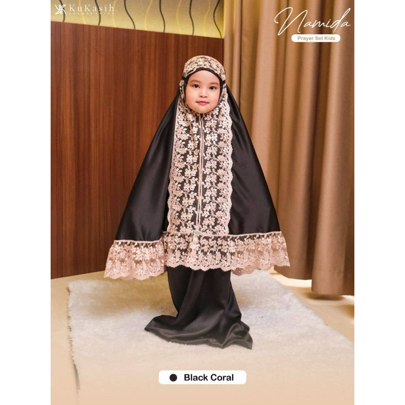 READY STOCK mukenah namida by kukasih Black coral mukena anak 8-10th