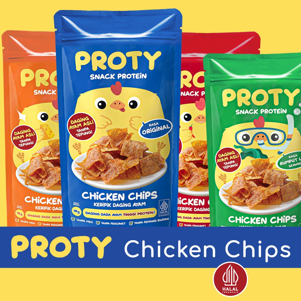 

PROTY Snack Chicken Chips Ori(1 pcs)+Pedas(1 pcs)+Keju(1 pcs)+RumputLaut(1 pcs) Tinggi Protein