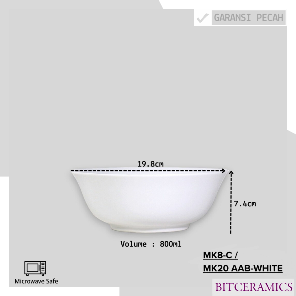 Mangkok Saji Keramik 19.8CM (1PCS) Putih Polos By Indo Keramik / Mangkok Serbaguna / Mangkok Keramik