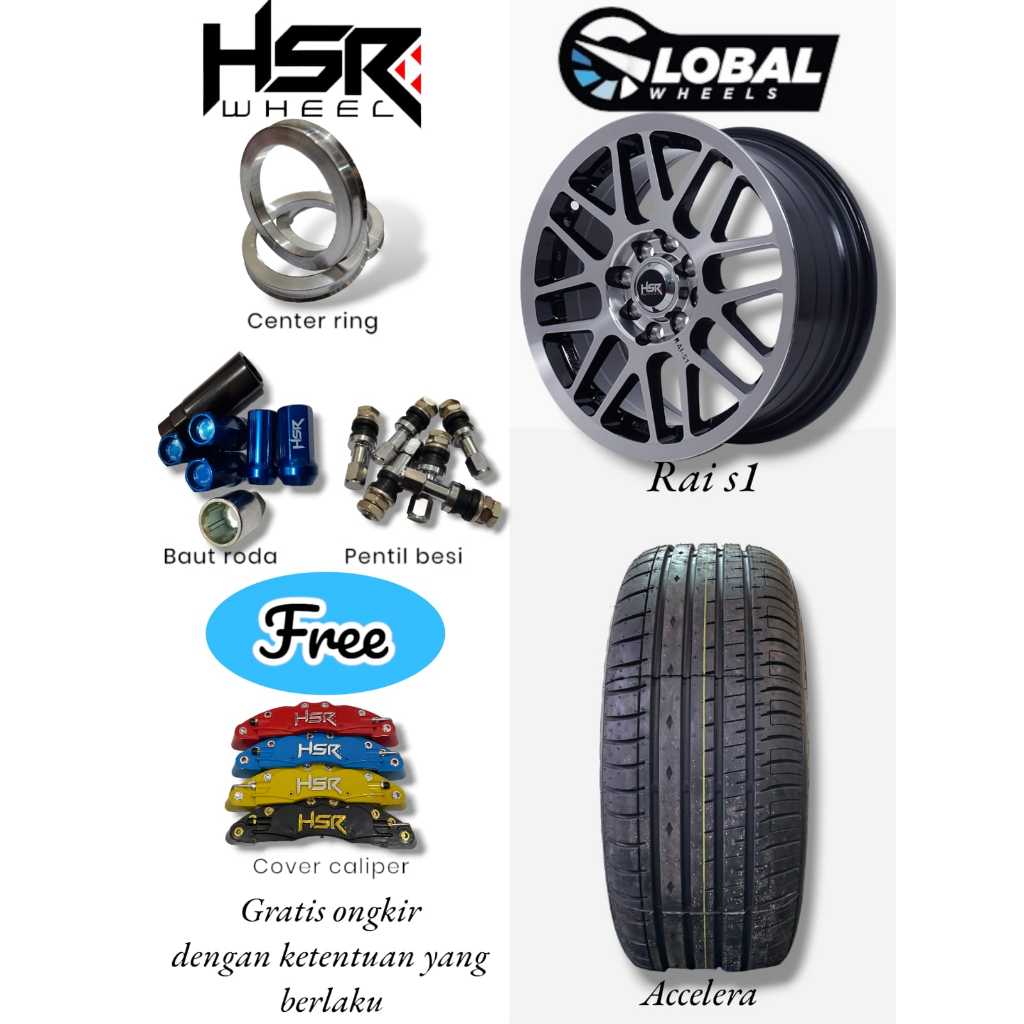 Velg hsr R15 lebar 65 pcd 4x100 dan 4x114,3 paket komplit | velg mobil brio sigra ayla ignis dll