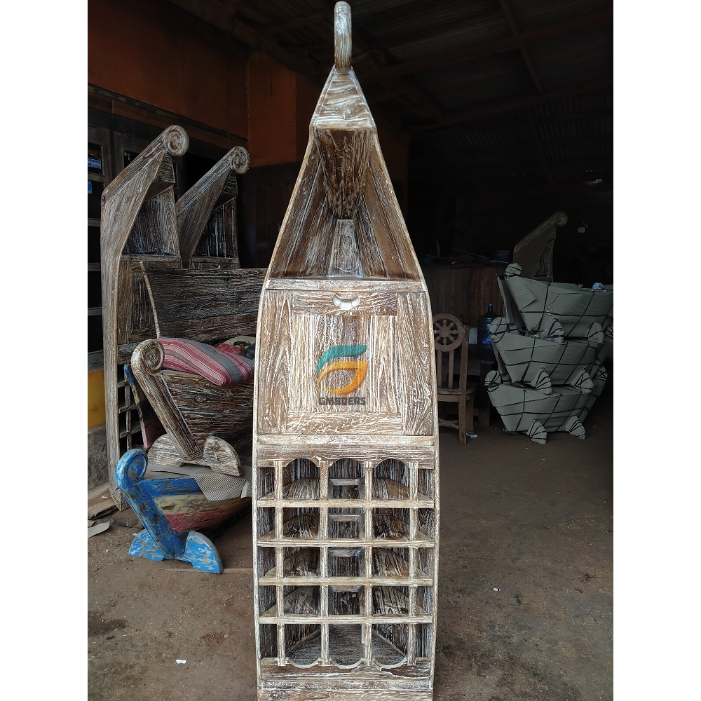 Lemari Rak Botol Perahu Antik Kayu Jati