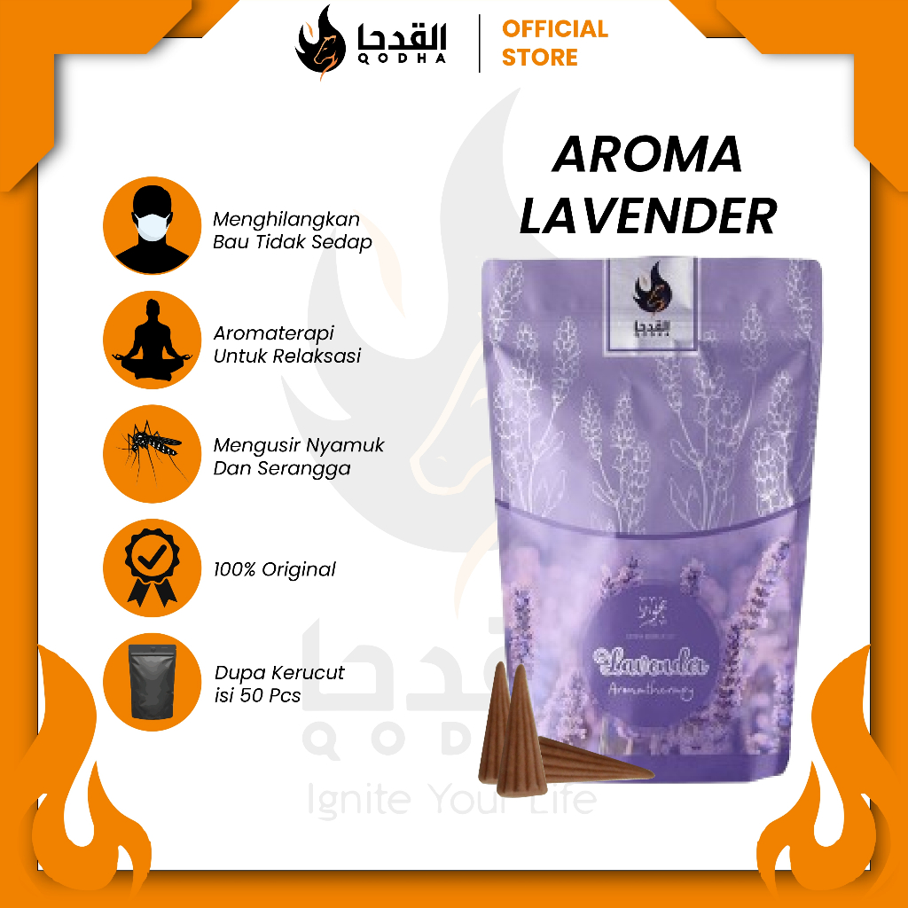 Bukhur Dupa Kerucut Qodha Aroma Terapi Pengharum Ruangan Wangi Tahan Lama Aroma Lavender 50 pcs