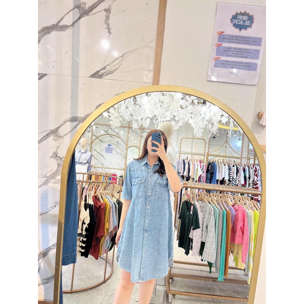 (COD) Midi Dress Jeans Qiara Wanita Lengan Pendek Bumil Busui Friendly Allsize Full Kancing Casual