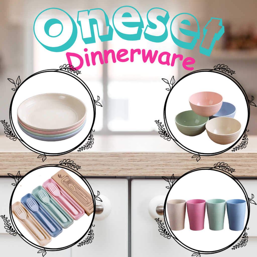 4 IN 1 Oneset Dinnerware Set | Alat Makan White Straw | Piring - Mangkuk - Gelas - Set Sendok, Garpu