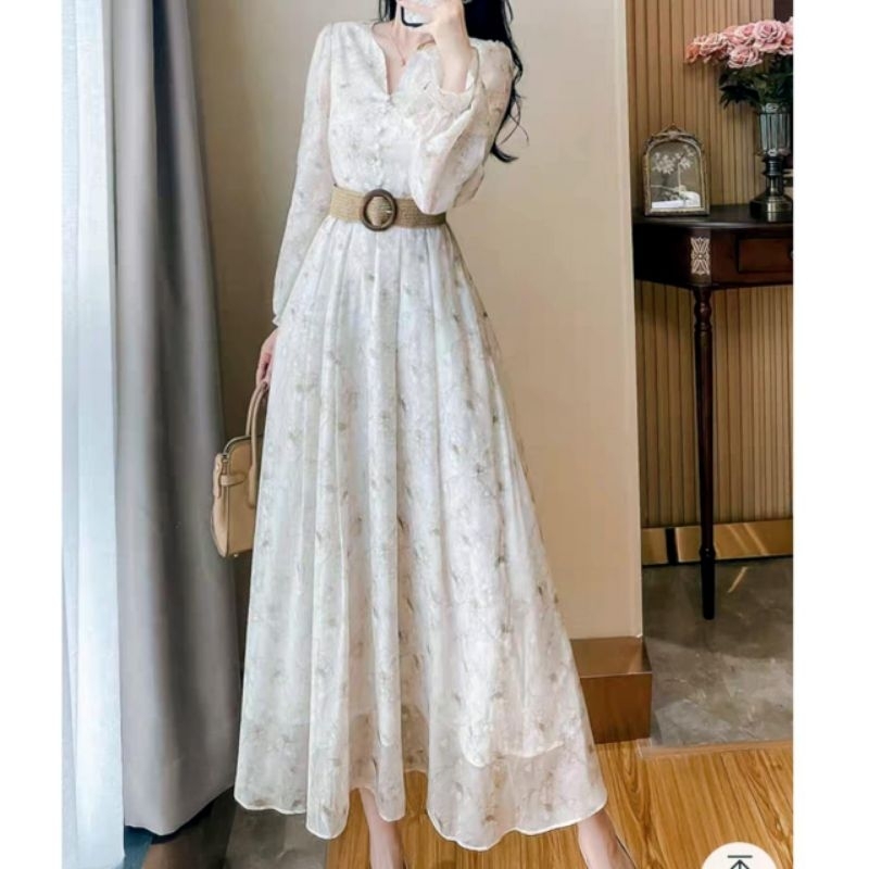 05570 Fashion Pakaian Kostum Maxi long dress dres longdress sultan lengan panjang belt ngembang mega