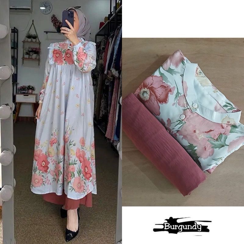 Setelan Tunik Bunga Mawar Rayon Diamond Mix Crinkle Airflow