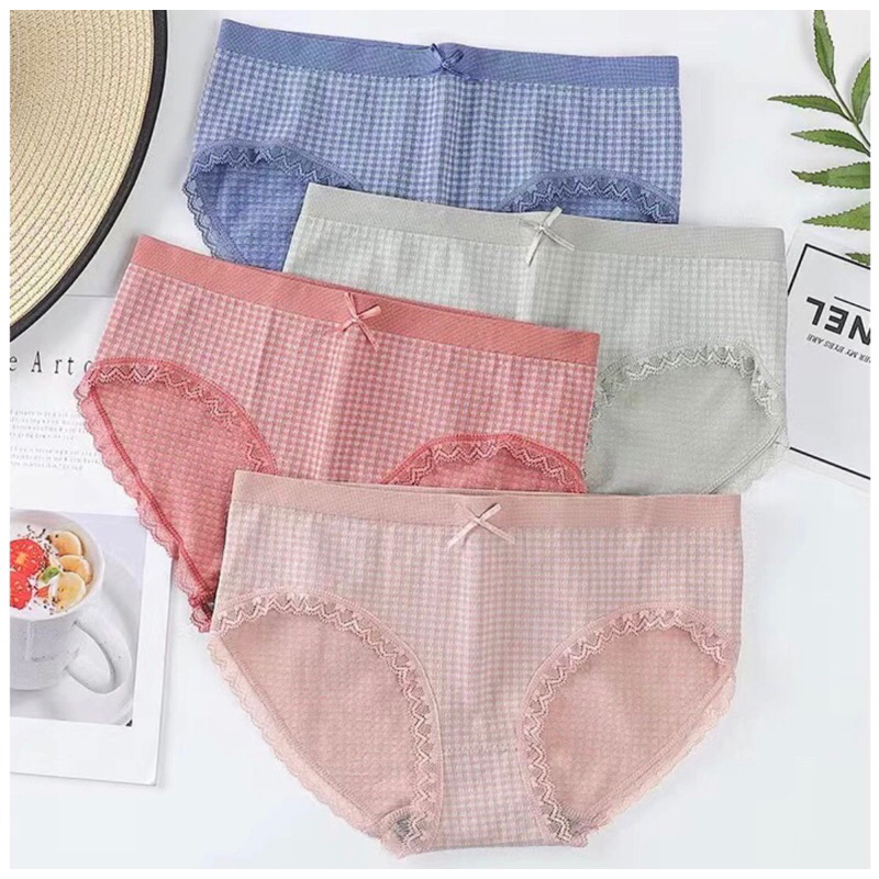 12Pcs CD Korea Celana Dalam Wanita Motif Kotak Renda Rajut