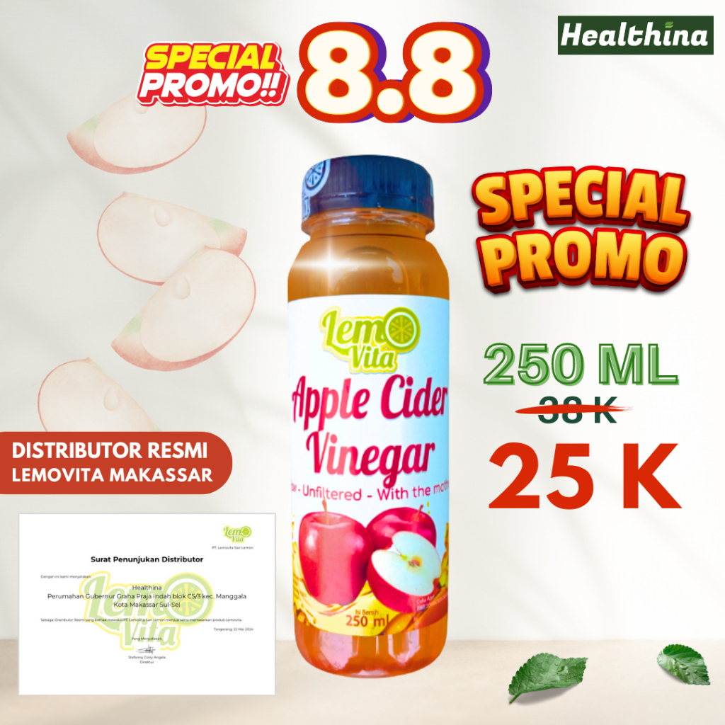 

Cuka Apel Lemovita Apple Cider Vinegar 250ml Detoks & Diet | Kaya Vitamin C | BPOM | COD Makassar