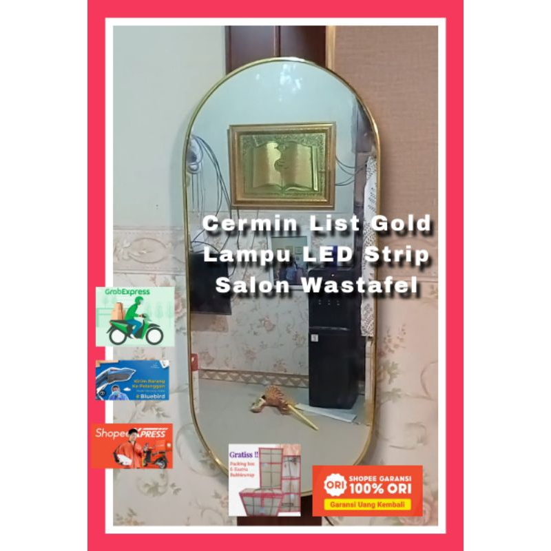 Kaca Cermin Bulat Atas Bawah List Gold Minimalis Lampu Led Strip  Lampu Led Jumbo Besar Dinding Sakl