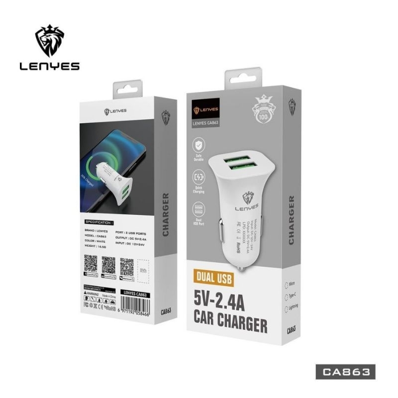 CASAN MOBIL / CAR CHARGER MERK LENYES CA863 USB ( 5V-2.4A )