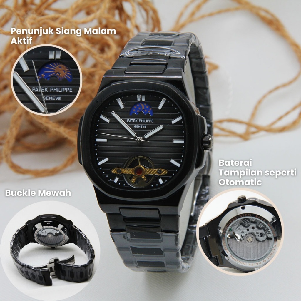 Jam Tangan Pria Wanita Analog Stainless Steel Patek Philippe Moon Phase Aktif Rantai Mewah Elegan Gr